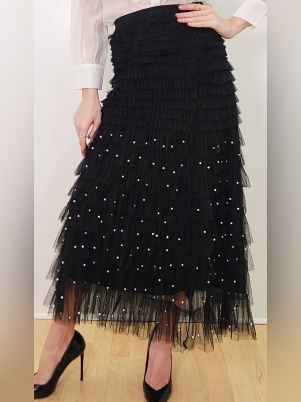 N by Nancy Black Tulle Pearl-Embellished Tiered Maxi Skirt